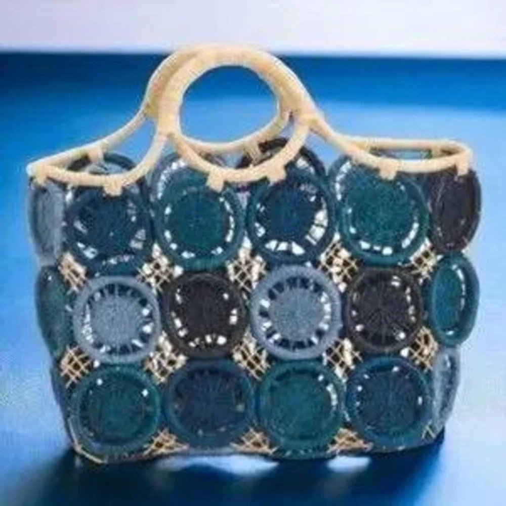 HAT ATTACK Medallion Straw Woven Tote Bag‎ Beach Bag 18X15 Blue